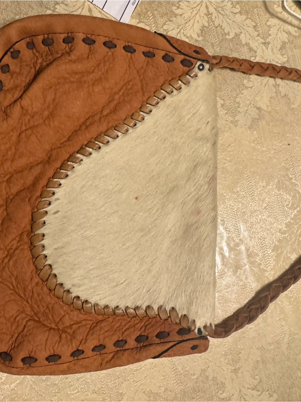 Tan Leather Shoulder Bag with Cream Haircalf Flap, with real Agate - Picture 6 of 8